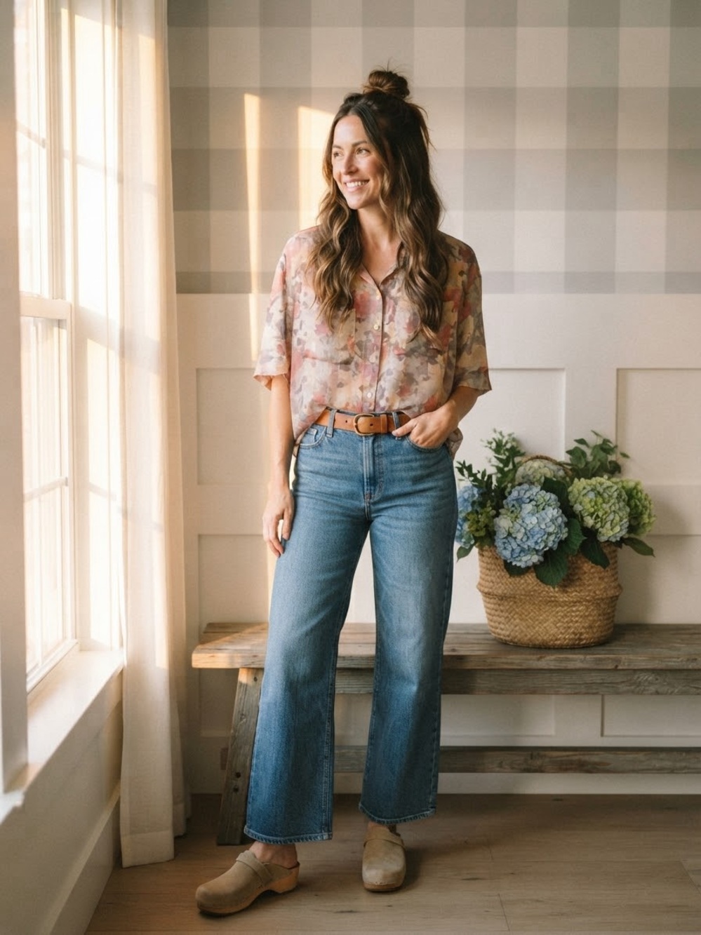 Italian Silk Floral Button-Up Blouse in Blush Multi